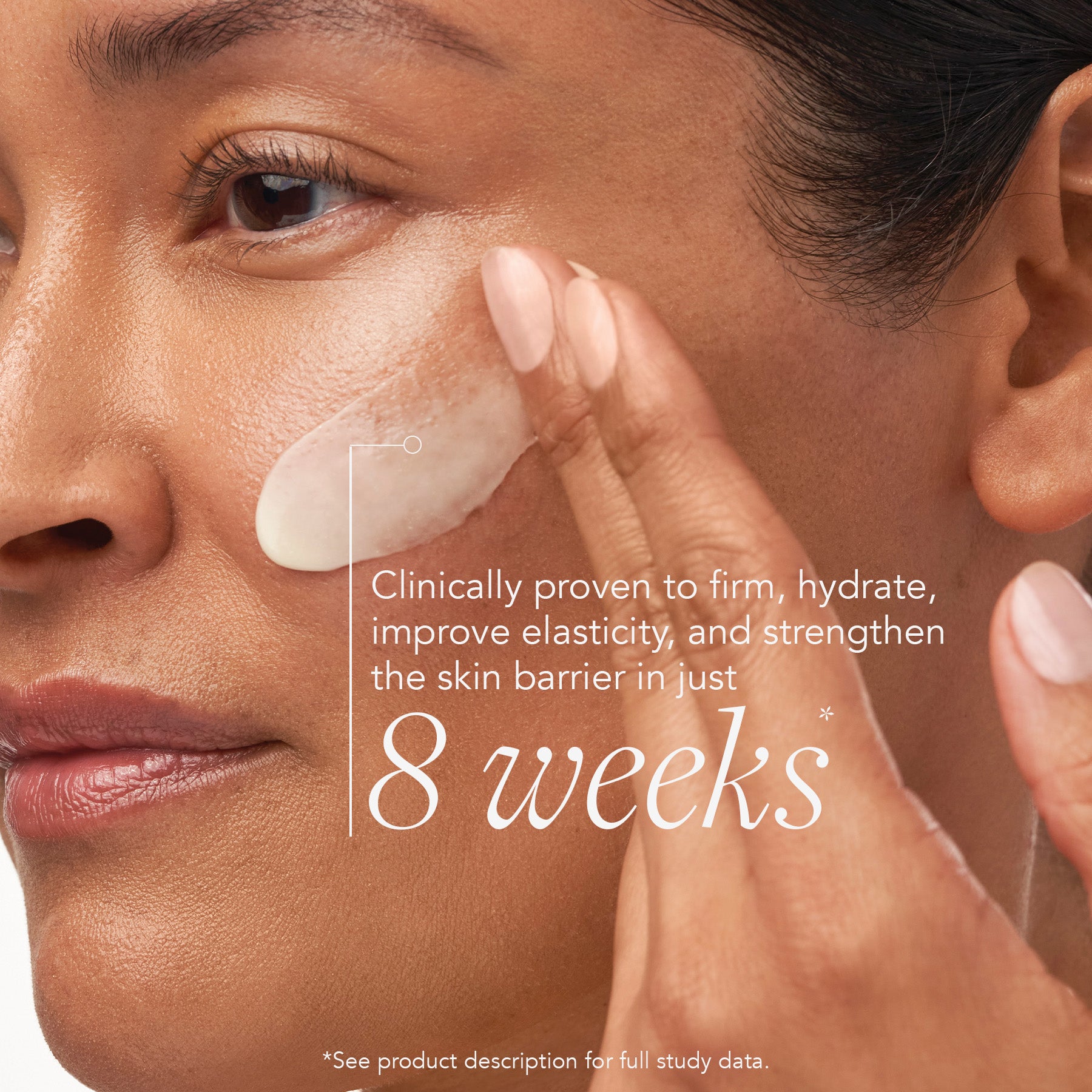 Woman applying skincare product to her face with text about skin benefits.