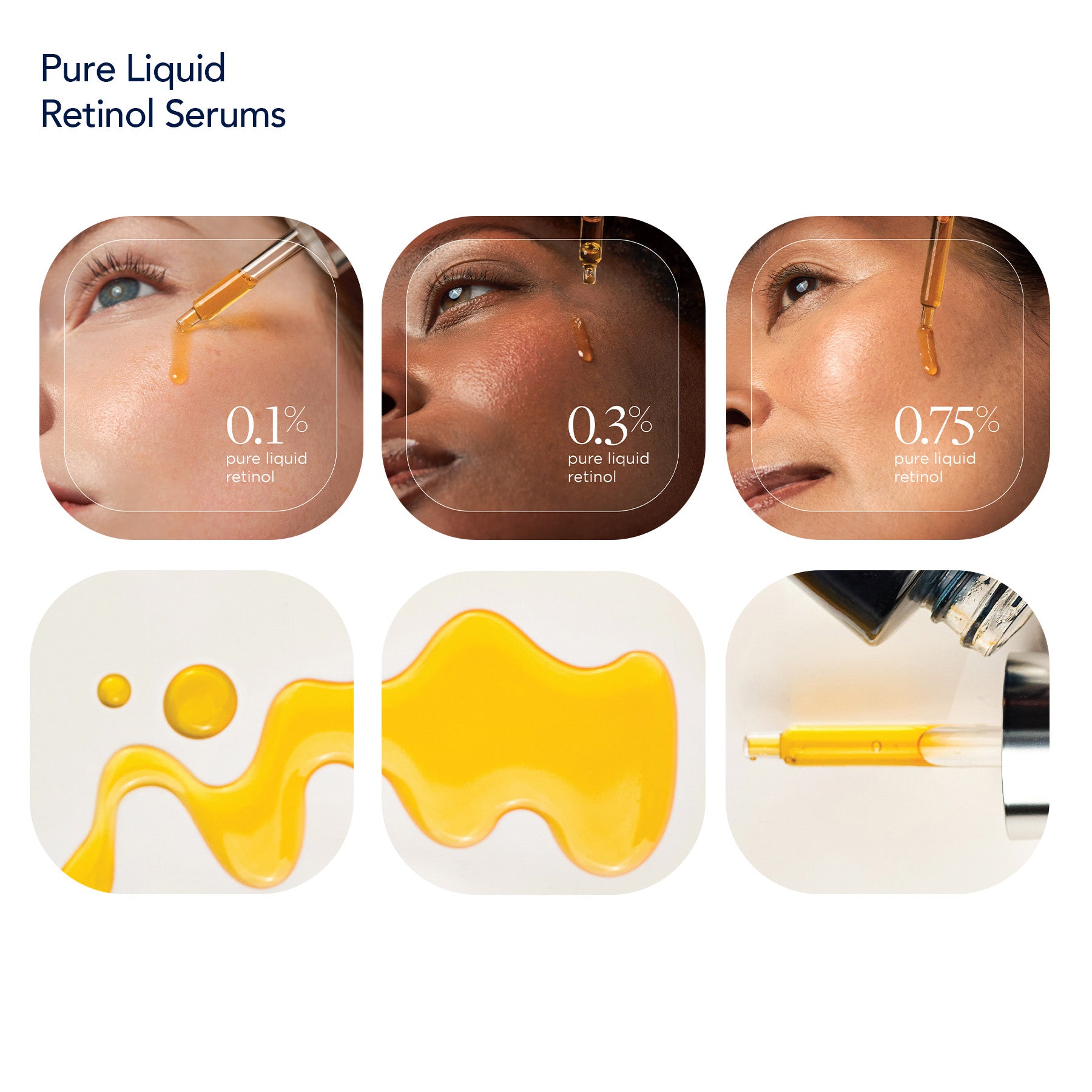 A collage of images showcasing AGELESS+ retinol serums in dropper bottles with a yellow liquid, designed for counter display.