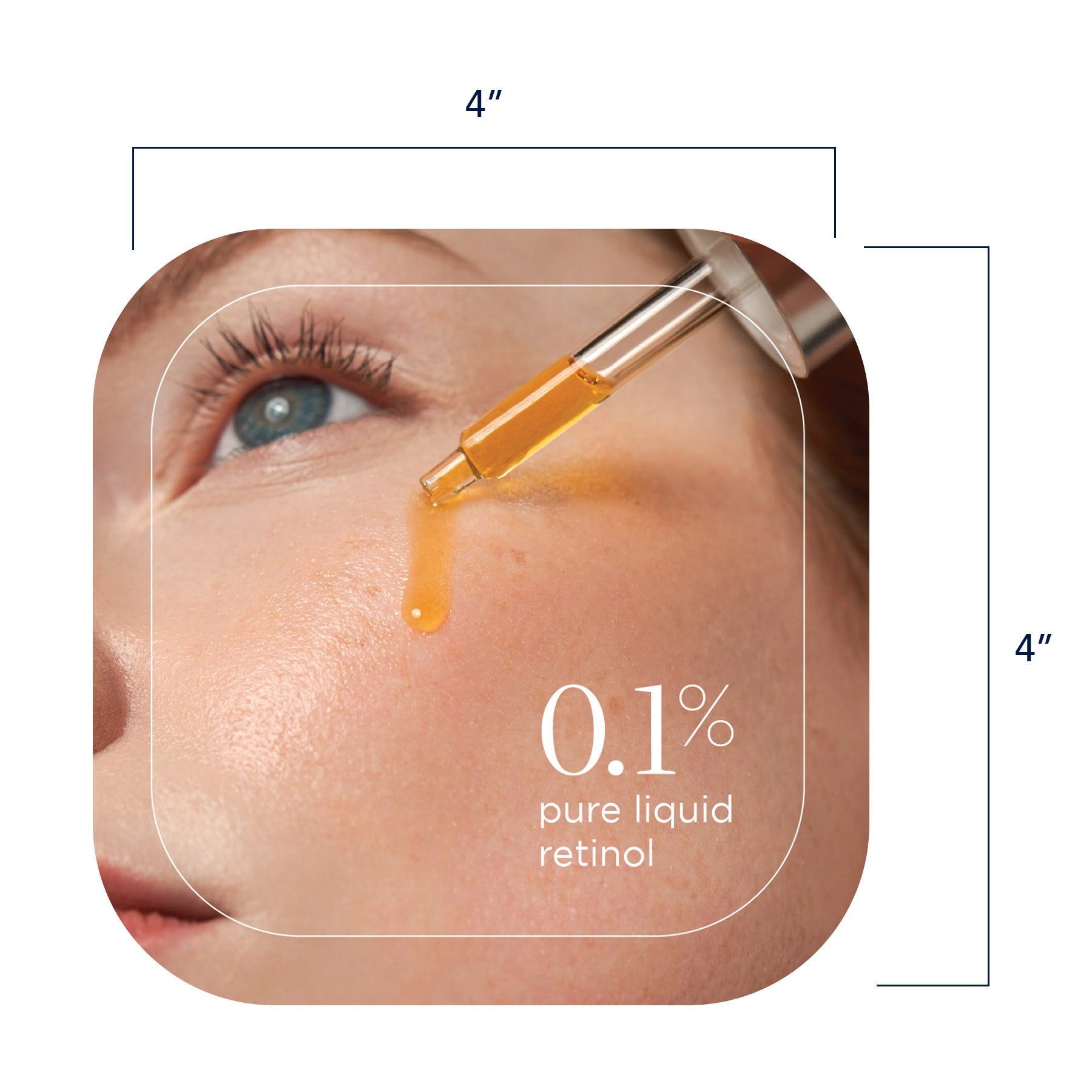 A graphic chip designed to be used for demonstrating or testing skincare products with a focus on retinol. The chip includes an image of a person's face with a dropper dispensing a liquid, indicating the application of the product.
