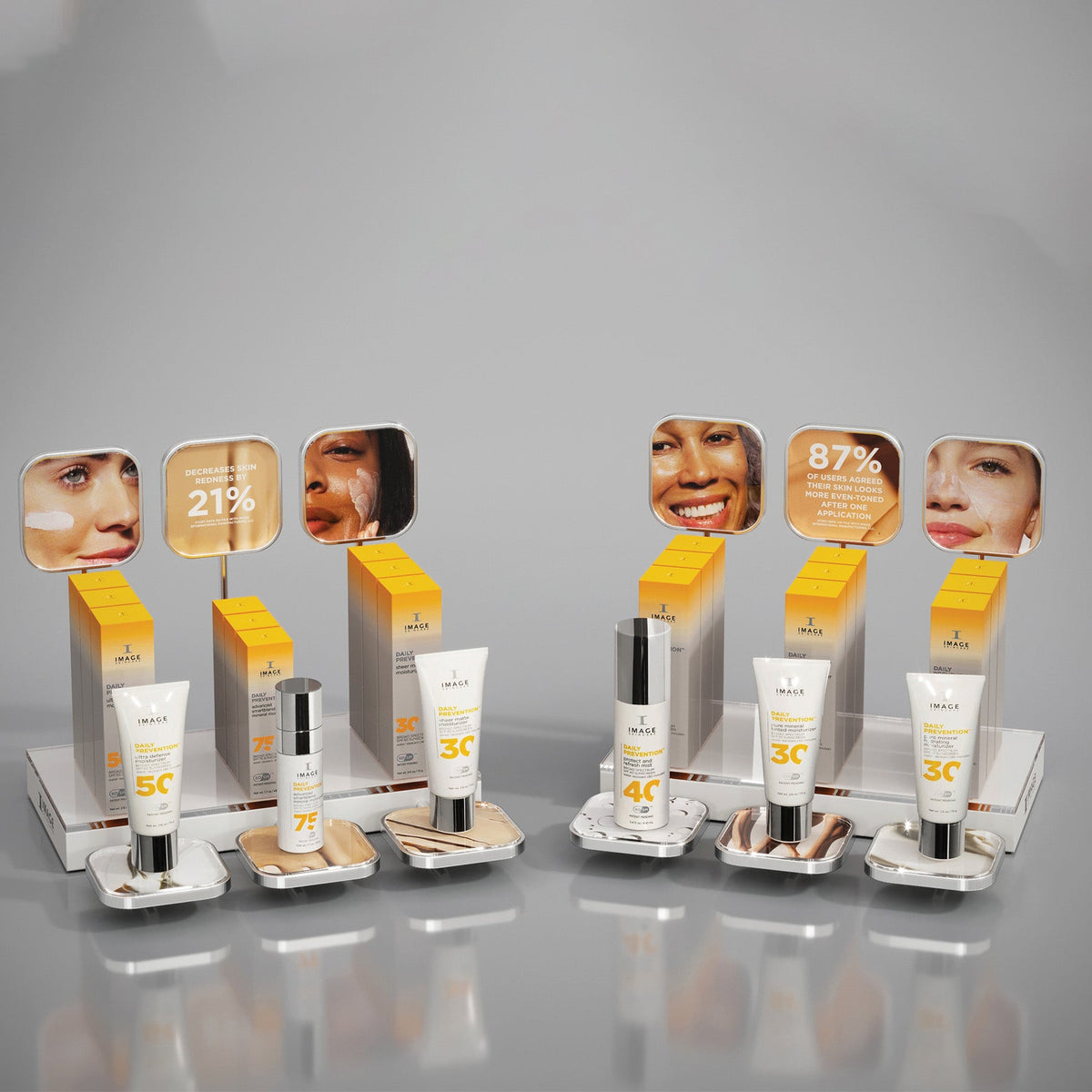 A display unit with multiple slots showcasing skin care products, featuring before and after results graphics on top of each slot.