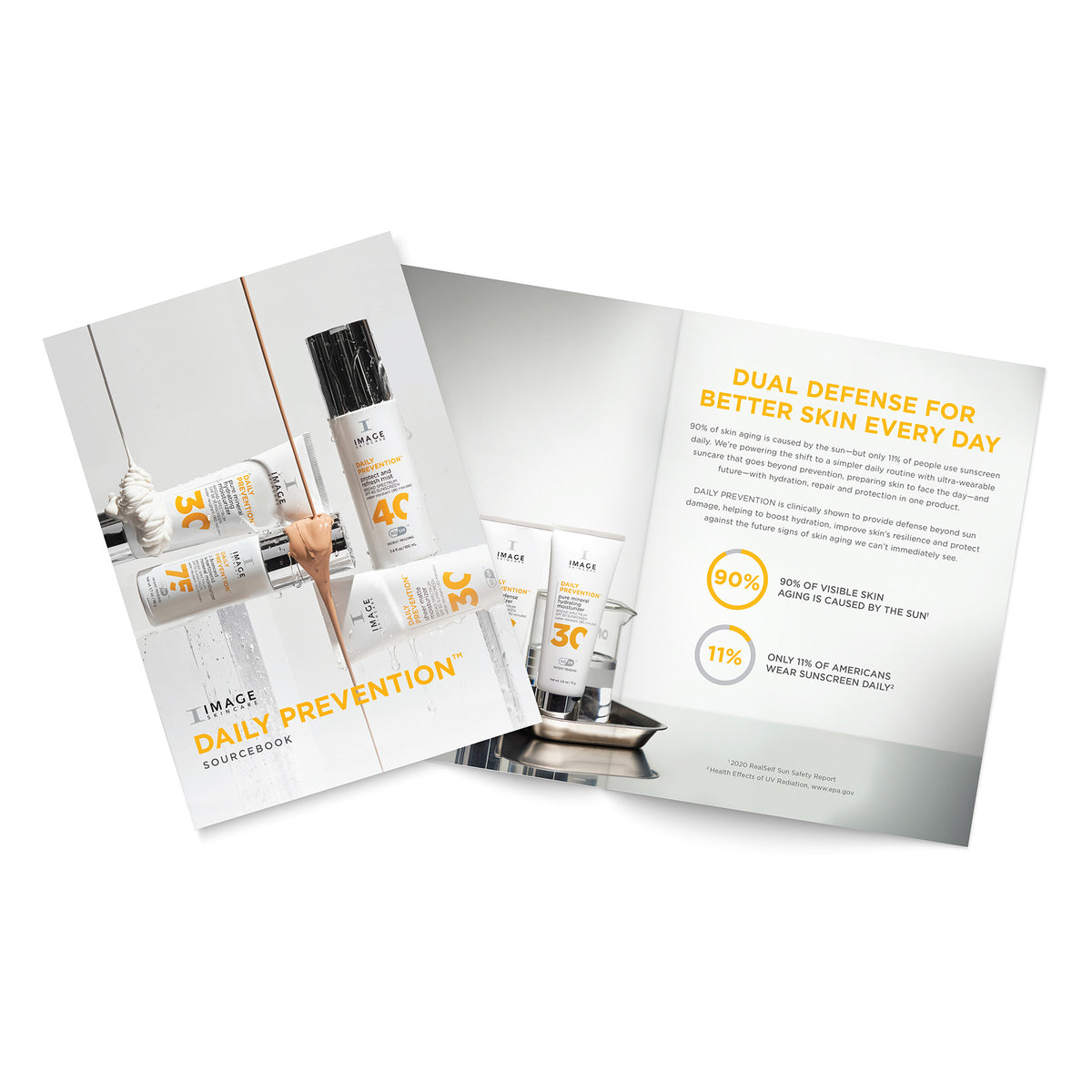 A promotional material for a skincare product line, featuring a white and grey design with text, data visualization elements, and product packaging images.