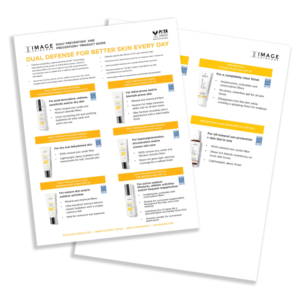 Two pages of a printable guide showcasing various suncare products from IMAGE Skincare, including details on product benefits and application information.