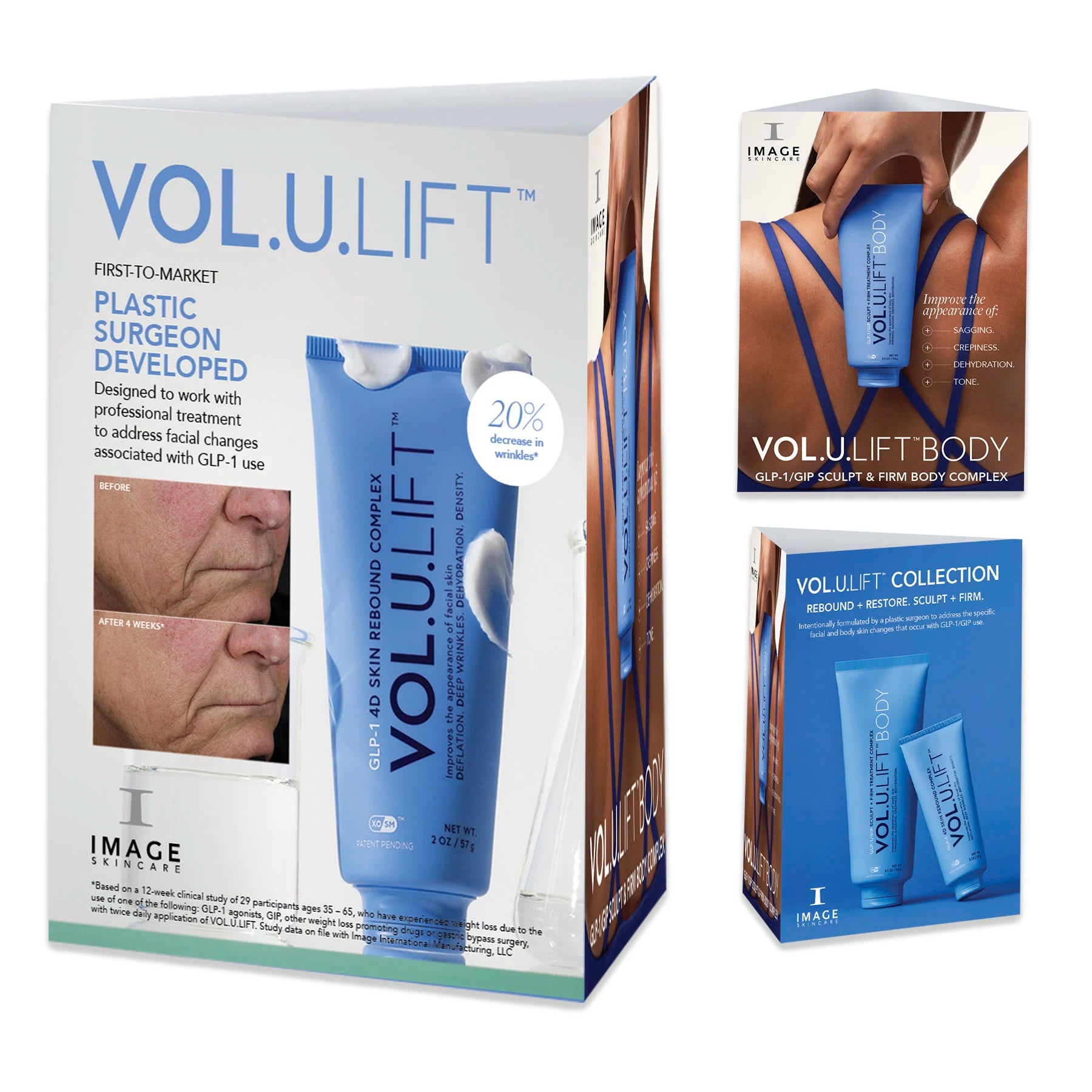 VOL.U.LIFT skincare product packaging with blue bottles and white text on a white background.
