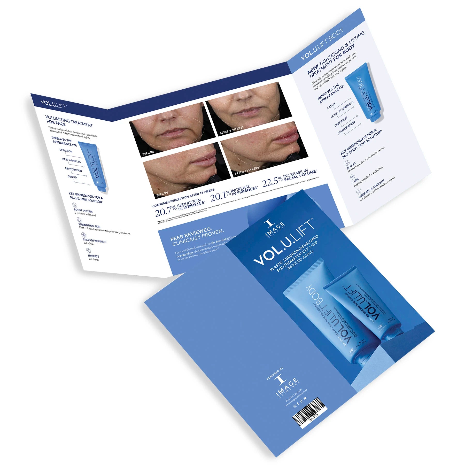 VOLU.LIFT skincare product packaging with a brochure on a white background