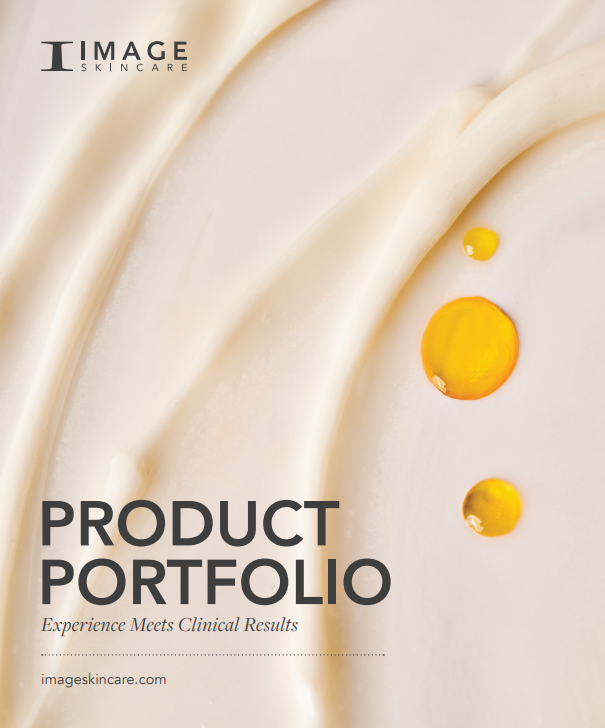 Product portfolio cover for Image Skincare with skincare product droplets on a beige background.