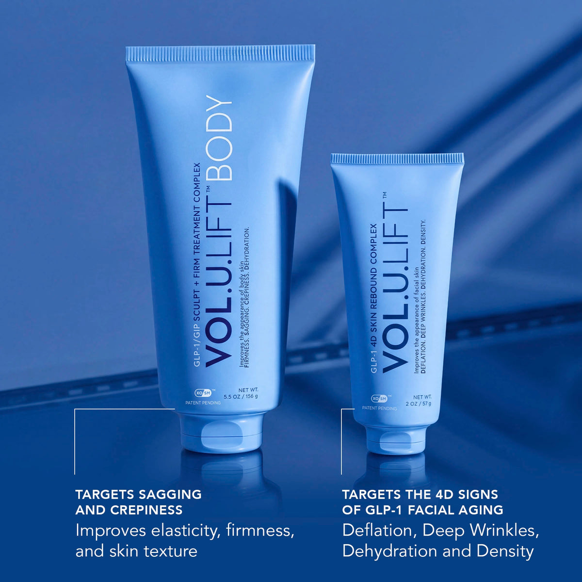 Two blue cosmetic tubes of VOL.U.