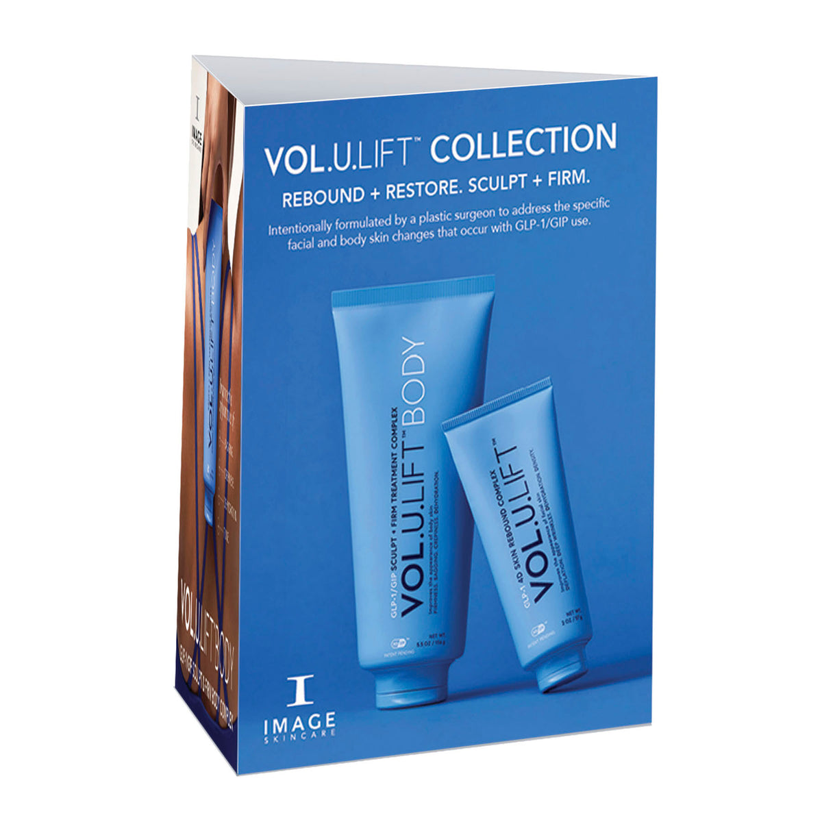 VOL.UPLIFT Collection packaging with blue tubes and white text on a white background
