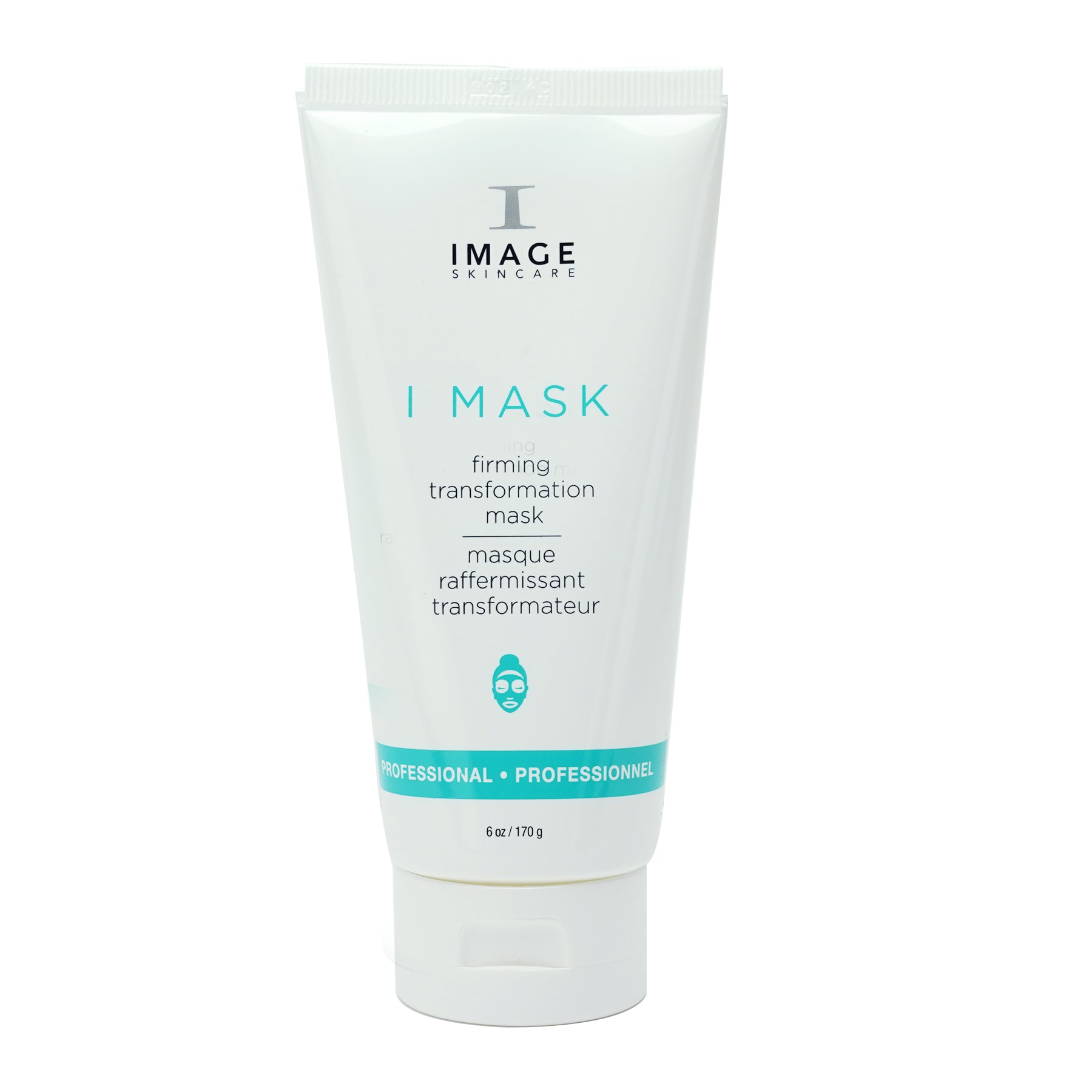 A tube of IMAGE I MASK firming transformation mask, with shimmery blue packaging, labeled for professional use, 6oz size.