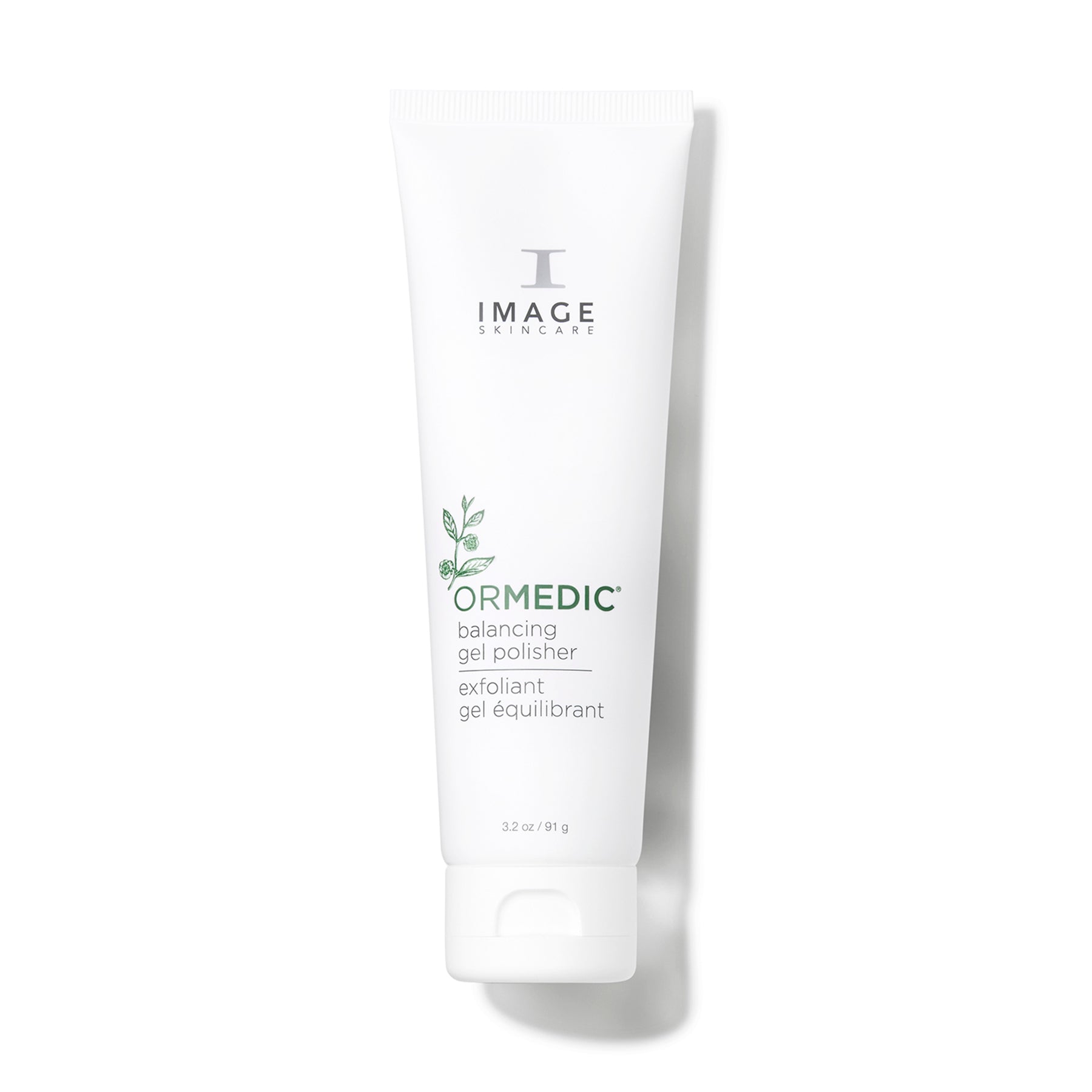 A white tube of ORMEDIC balancing gel polisher with green leaf accents on the packaging.