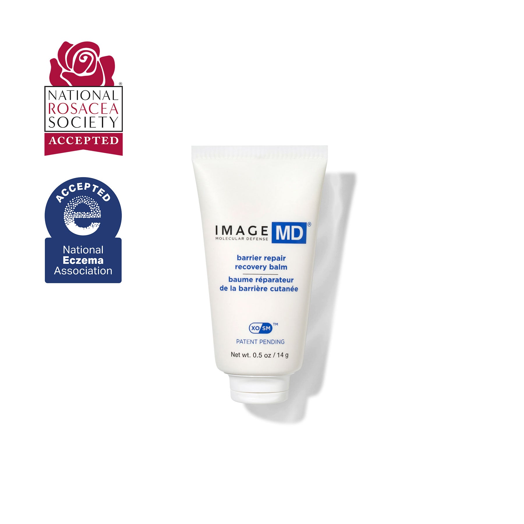 Tube of Image MD barrier repair recovery balm with National Rosacea Society and National Eczema Association logos on a white background.