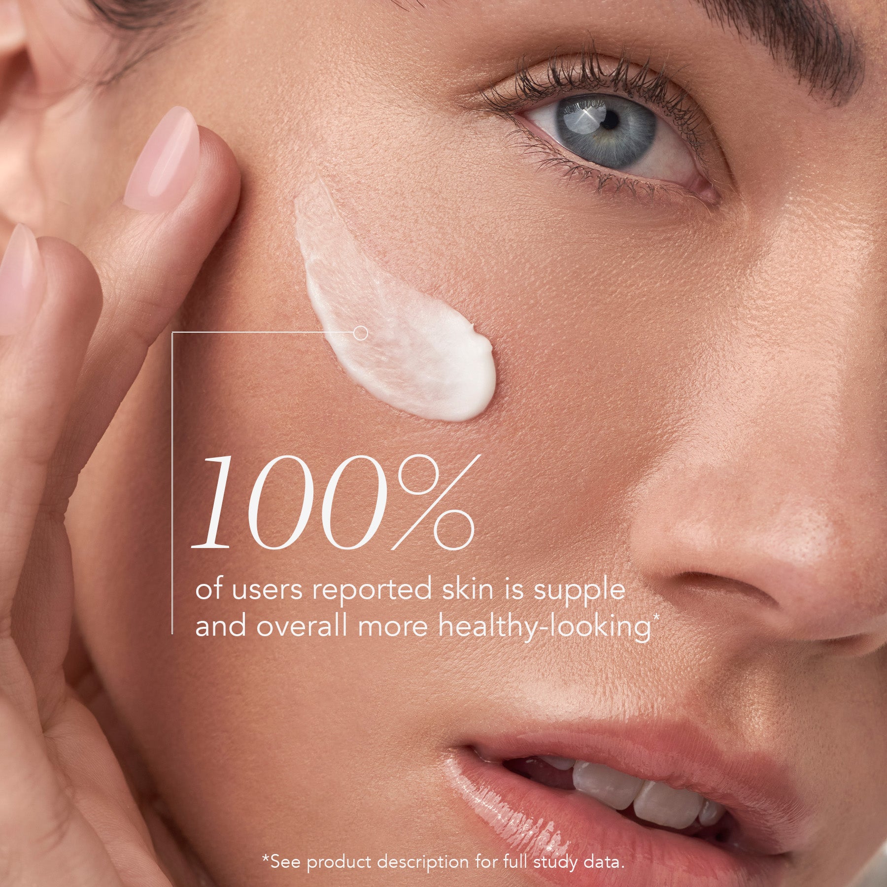 Close-up of a person applying cream to their face with text about skin health.