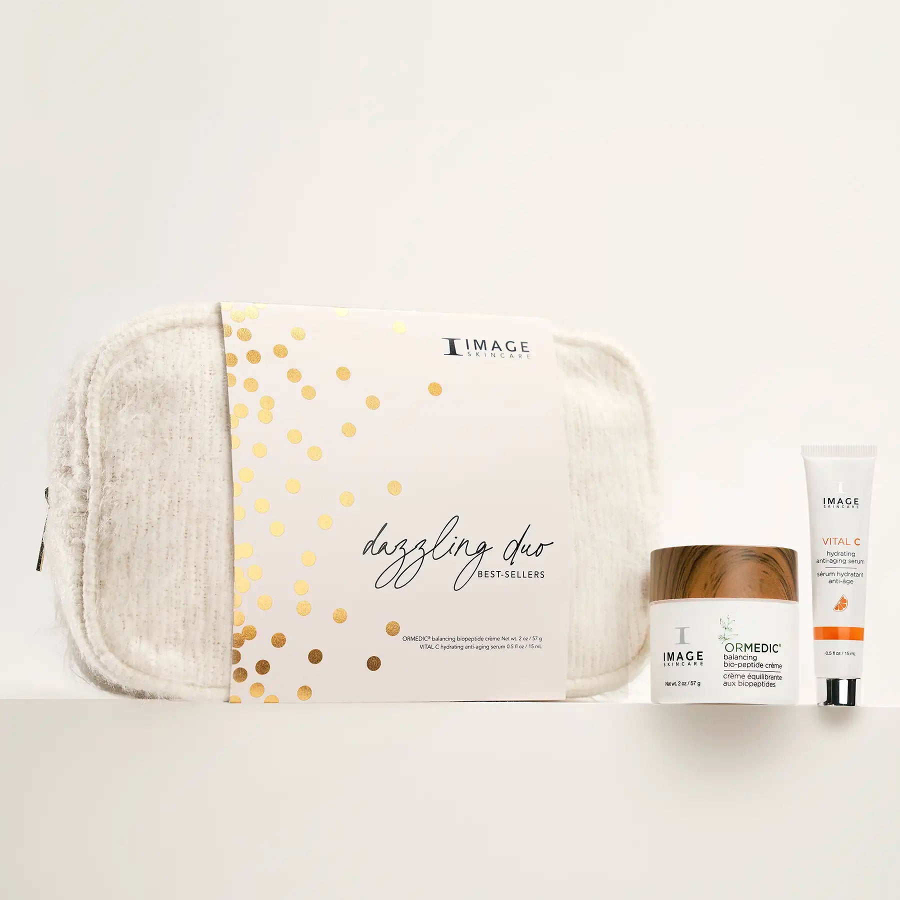 image of bag and 2 products on a white background