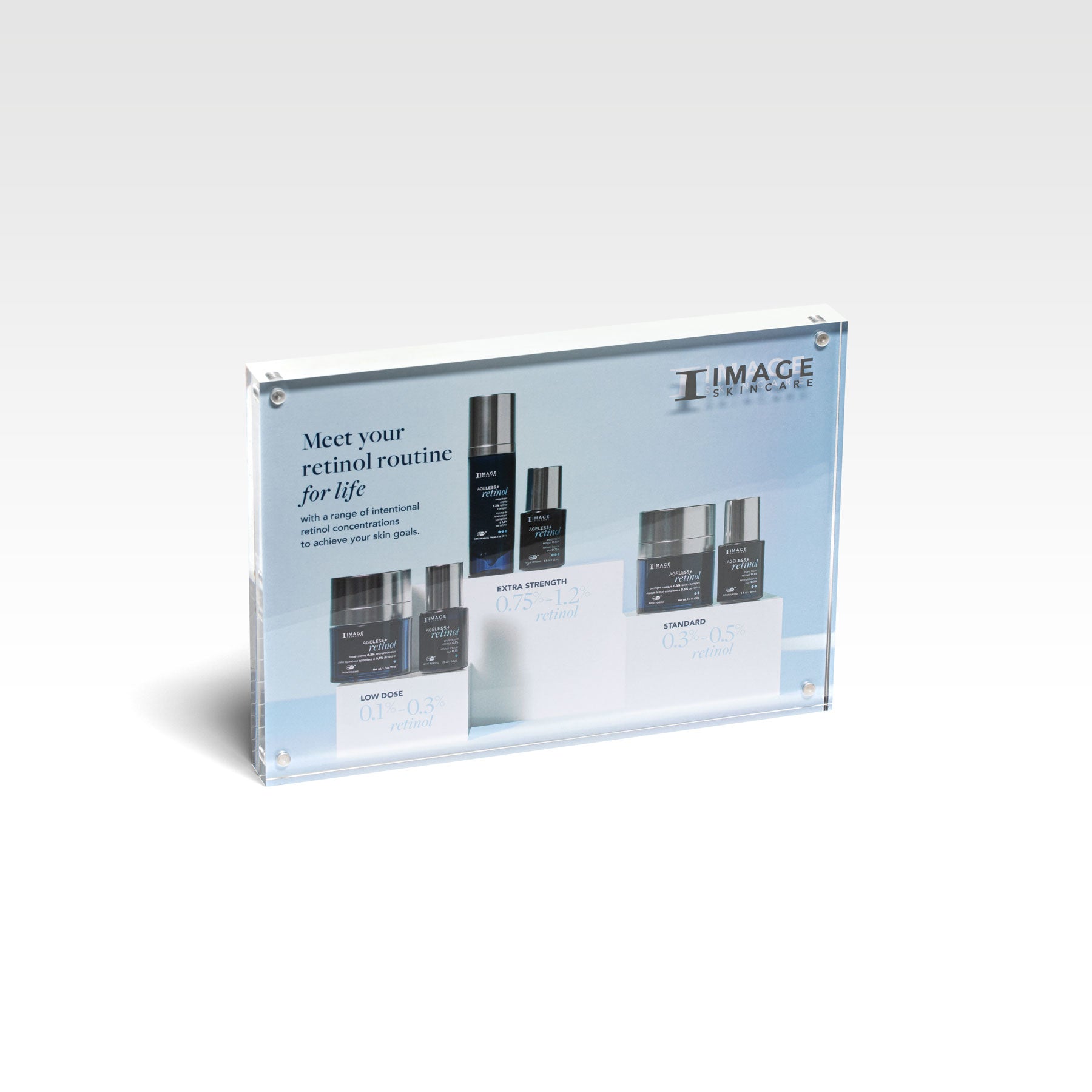 A promotional display case with the AGELESS+ retinol brand, featuring full collection products