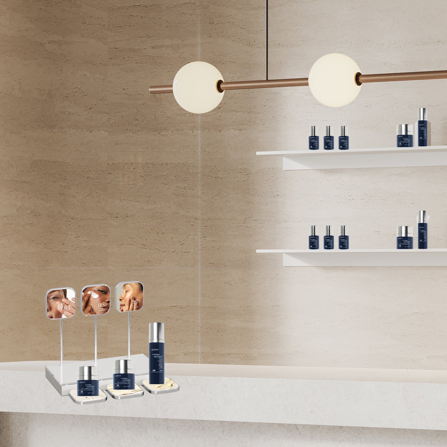 display unit shown on virtual counter with AGELESS+ products on virtual shelving behind countertop