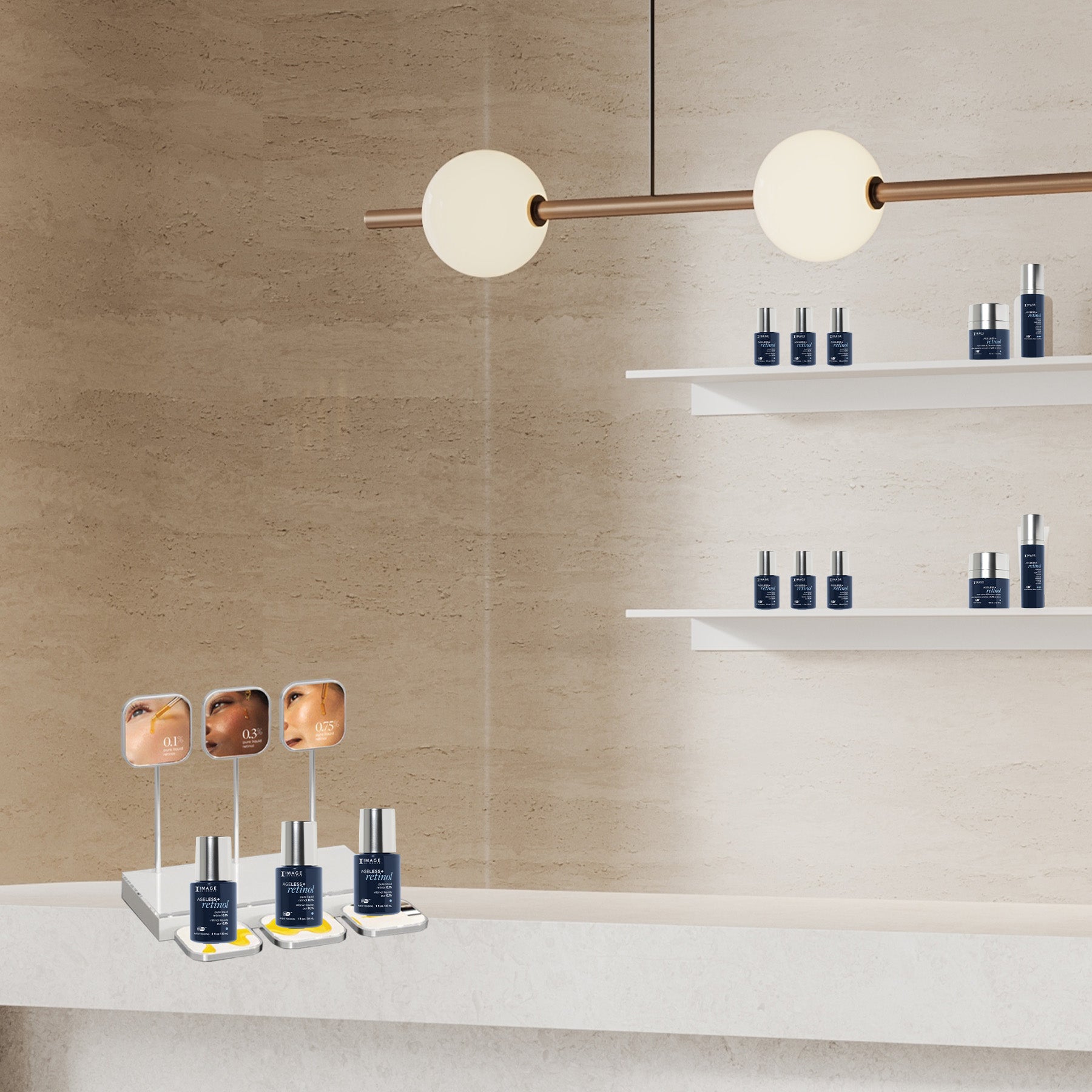 display unit shown on virtual counter with AGELESS+ products on virtual shelving behind countertop
