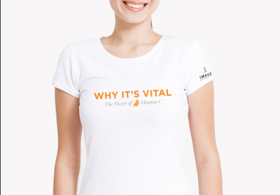 A woman wearing a white t-shirt with the text 'WHY IT'S VITAL' printed on the front.