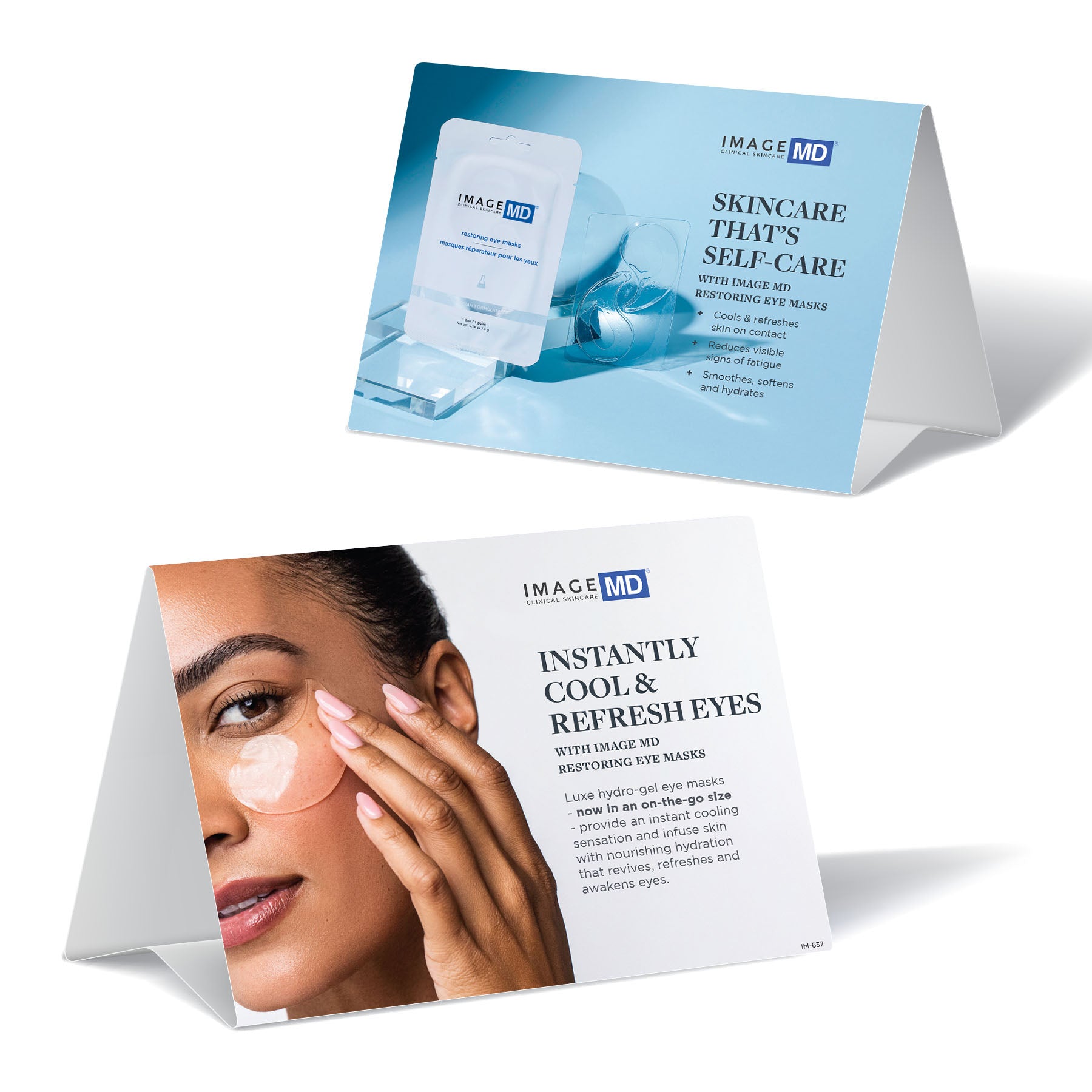A tent card with a promotional message for IMAGE MD skincare products, featuring an image of a woman applying an eye mask.