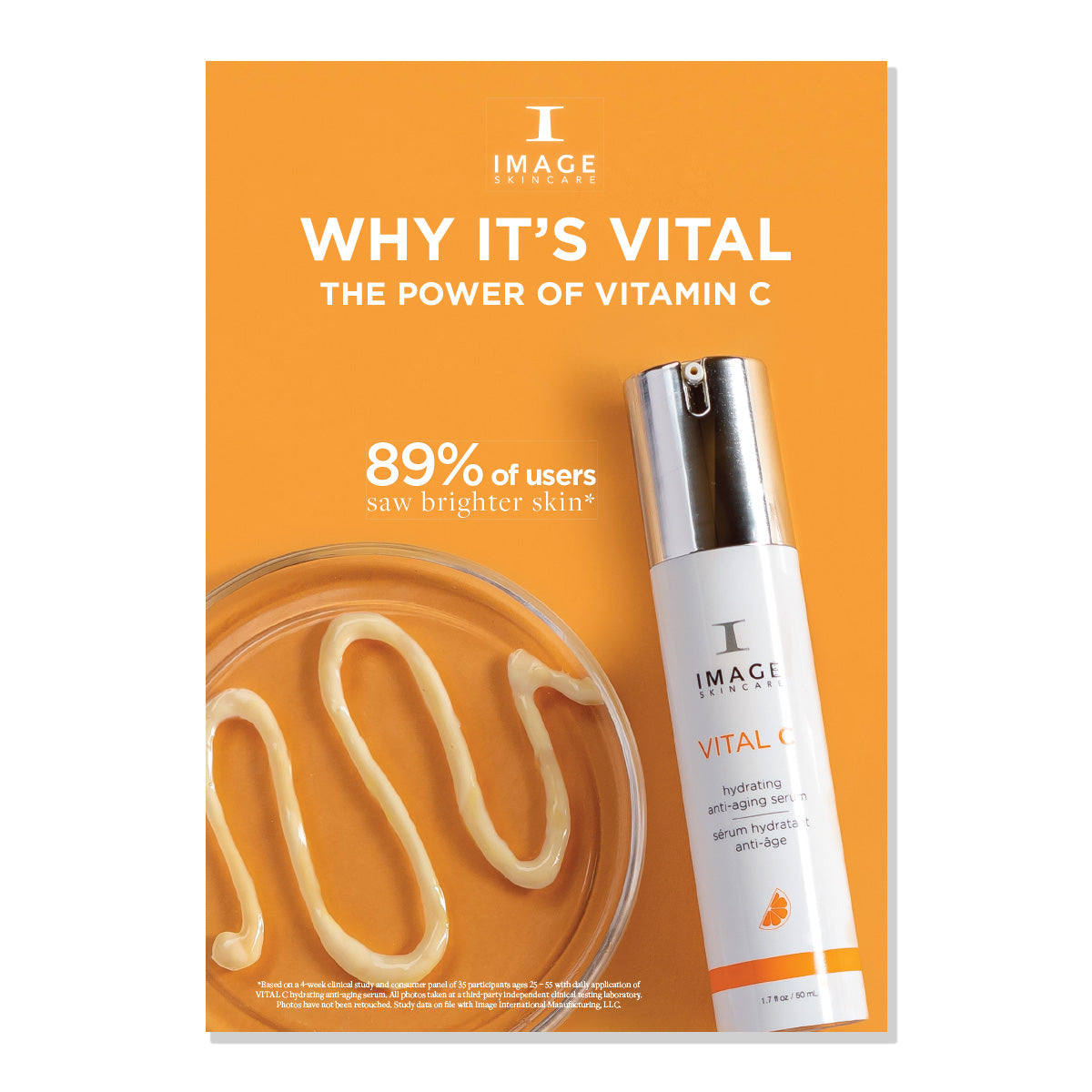 An easelback display featuring a bottle of skincare product with the text 'WHY IT'S VITAL THE POWER OF VITAMIN C' and a statistic of 89% users having brighter skin.