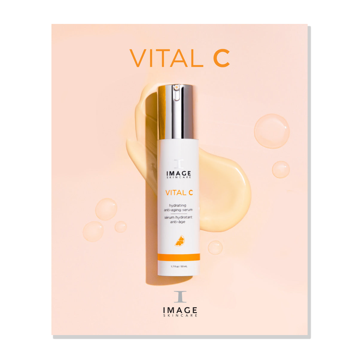 A lookbook image featuring a bottle of IMAGE Skincare VITAL C product against a peach-colored background with bubbles and the brand's logo.