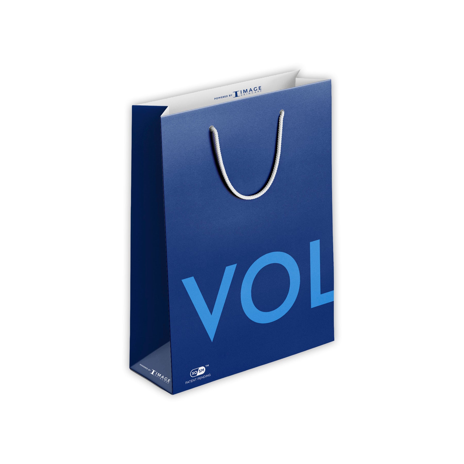 Blue shopping bag with 'VOL' printed on it against a white background