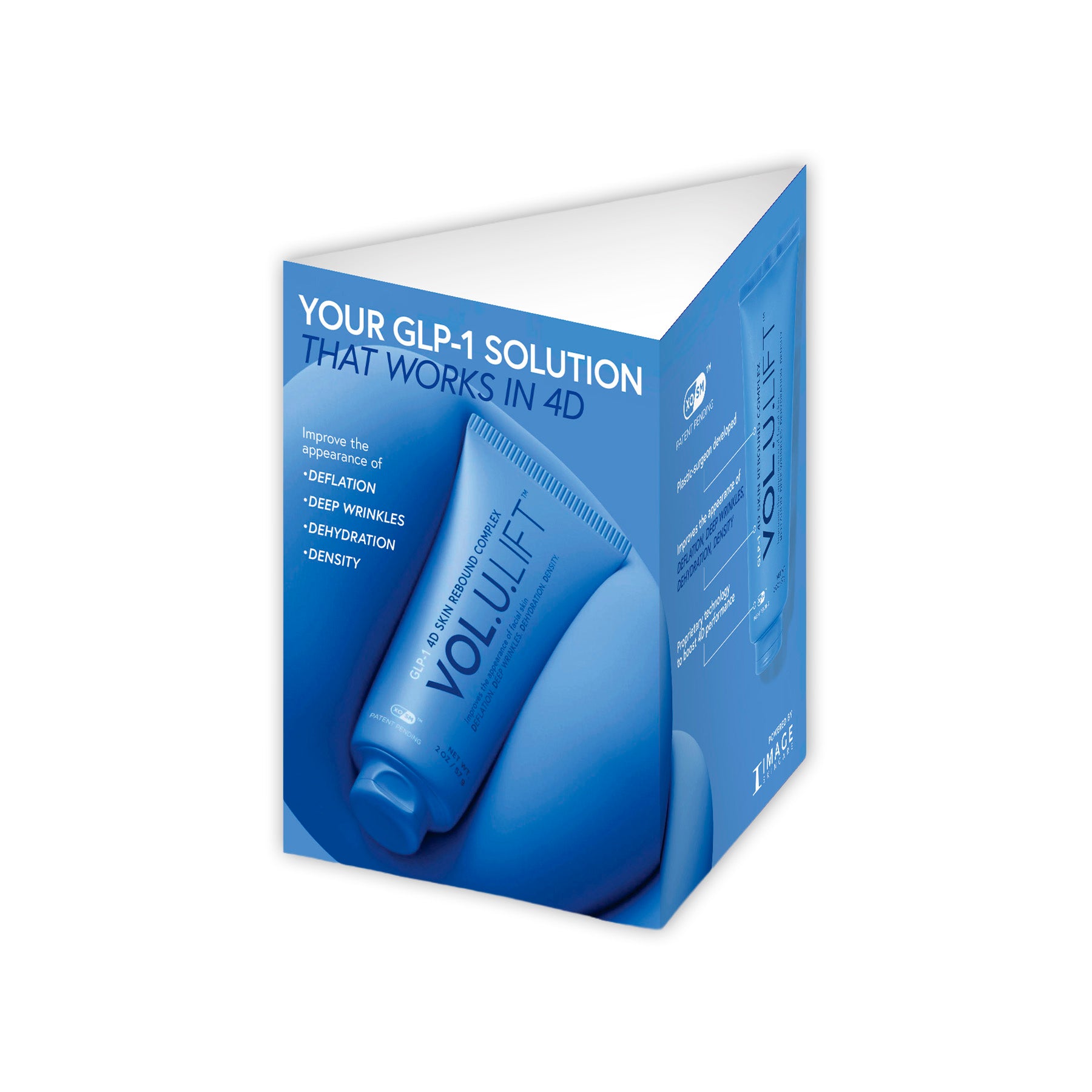Volumizing cream packaging with blue and white design on a white background
