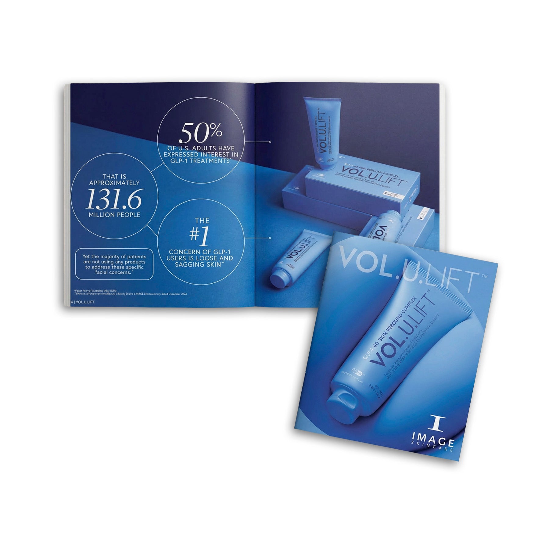Open brochure with VOL.U.LIFT skincare products on a white background