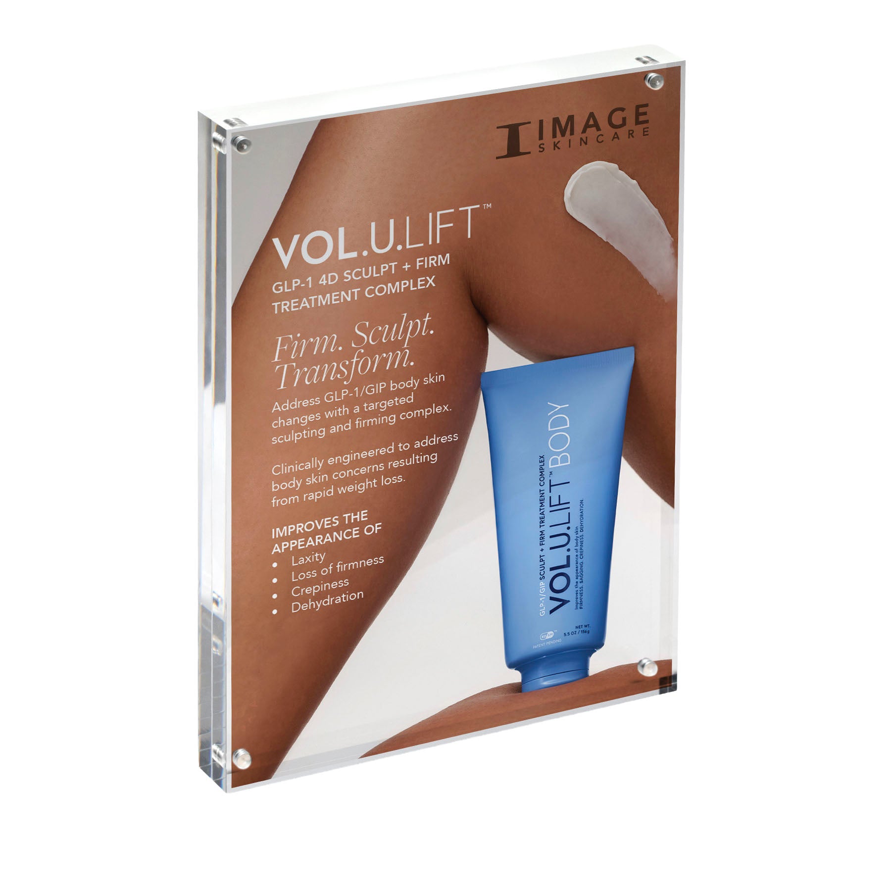 Product packaging for TIMAGE Skincare VOLU.LIFT GLP-1 4D Sculpt + Firm Treatment Complex with a blue tube.