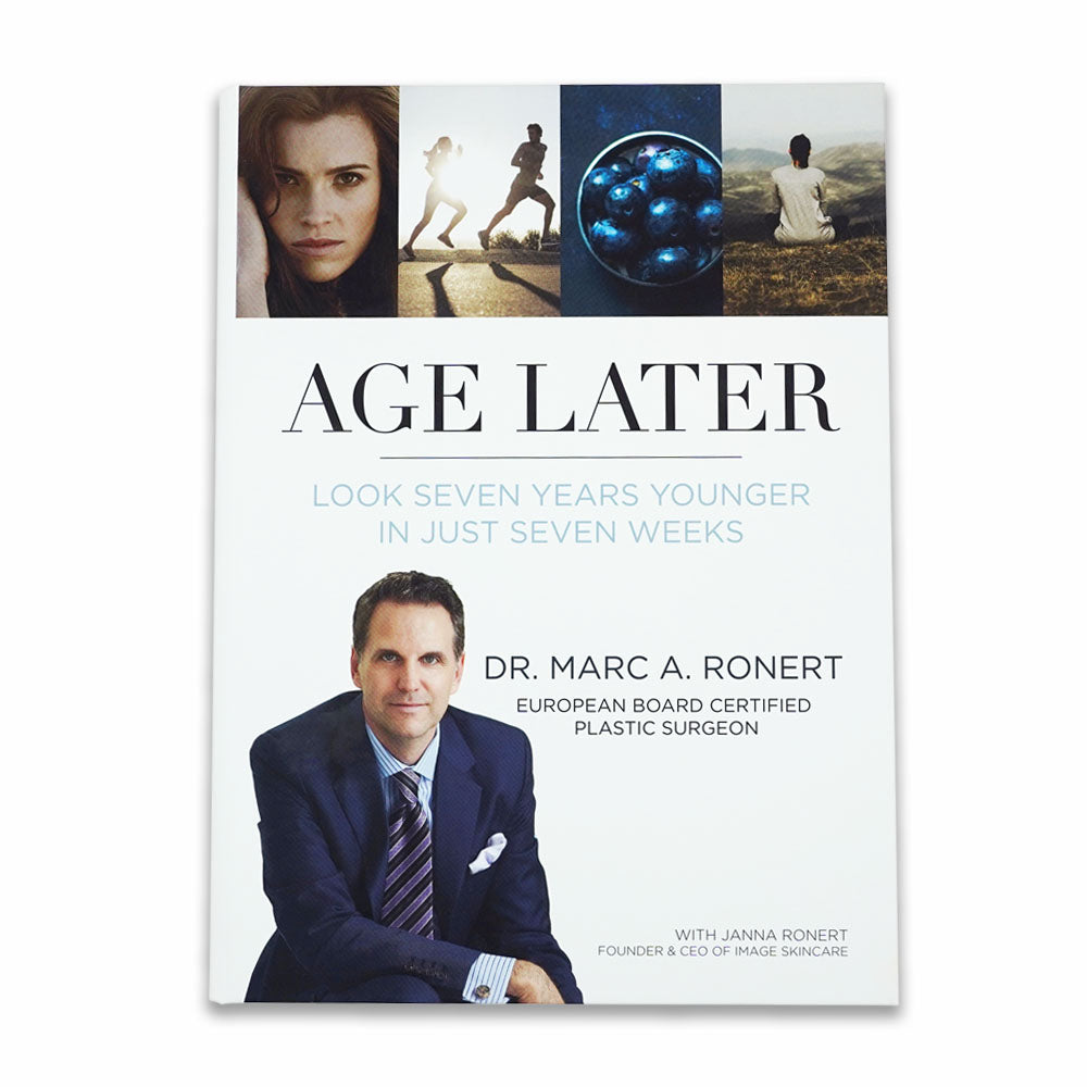A book cover titled 'Age Later' featuring a collage of images including a smiling man in a suit, a group of people exercising, and cells possibly representing health or science. The author's name, Dr.